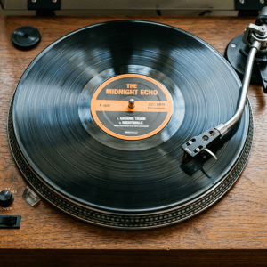 Black vinyl record labeled 'The Midnight Echo' spinning on a wooden turntable