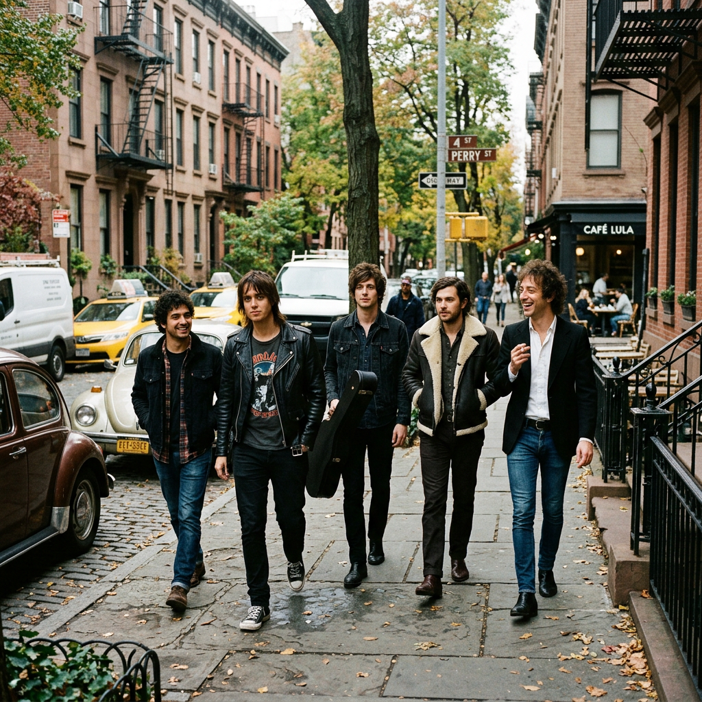 Five young men walking on a city sidewalk with guitars and casual clothing