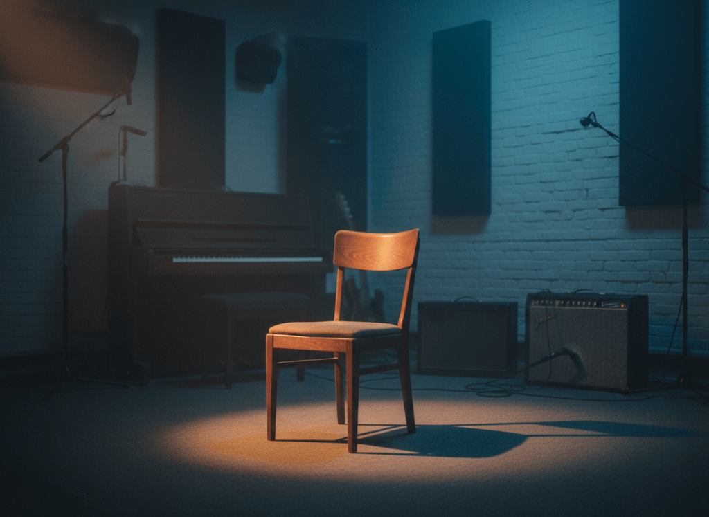 Et stemningsfuldt, kunstnerisk headerbillede til en dansk musikanmeldelse af Ratboys-albummet “Singin’ to an Empty Chair”. En tom stol står alene i et dunkelt, intimt rum med antydninger af en øvelokale- eller livescene; blødt dramatisk lys, afdæmpede blå, grå og varme ravfarver, visuel følelse af følelsesmæssig afstand, terapiens svære mellemfase og uforløst konflikt. Indie-rock æstetik, poetisk og moderne, filmisk komposition med god negativ plads til overskrift. Ingen tekst, ingen logoer, ingen genkendelige personer eller kopiering af bandmedlemmer.